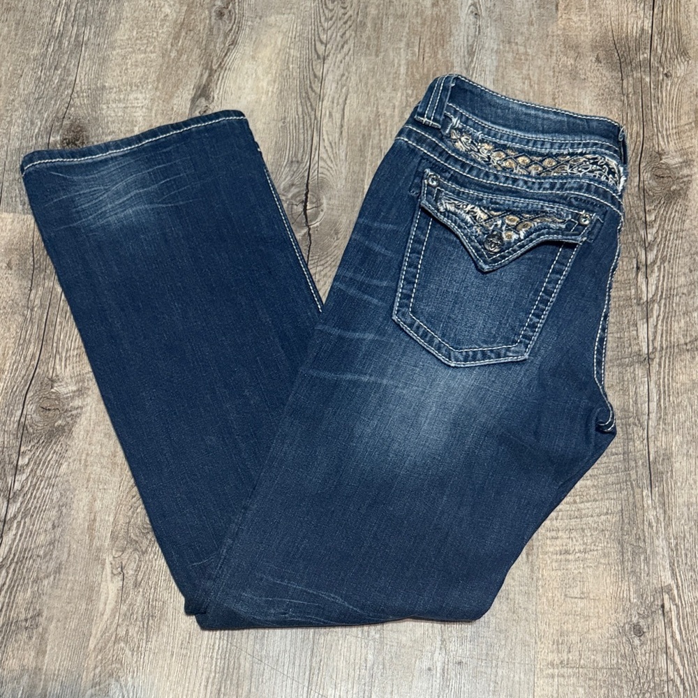 Miss Me Women's Dark Wash Boot Cut Jeans with Embellished Back Pockets